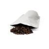 A hermetically sealed aluminium, PET and PE bag containing coffee beans. The bag is opened to reveal the fresh coffee beans. This stand-up pouch has a silver metallic finish, offering optimum protection against moisture, UV rays and gases. Ideal for preserving the freshness and flavour of food products.