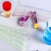 Bolsas Minigrip® y tubos de ensayo en un banco de laboratorio, que ilustran el uso de bolsas resellables en los sectores médico y farmacéutico.