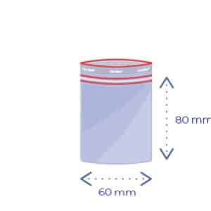 Diagram of a 60x80 mm Minigrip® Original bag made of 60 μm thick, transparent, reclosable low-density polyethylene with three distinctive red borders.