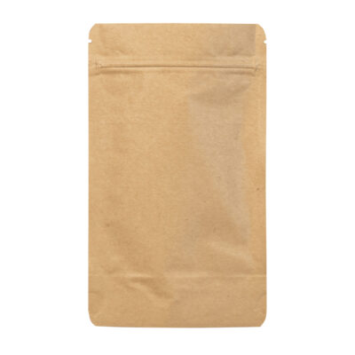 Image showing a Doypack® Kraft paper pouch with an aluminum and polyethylene barrier, offering hermetic protection against oxygen, moisture and light. Ideal for food products requiring a strong protective barrier, this pouch is resealable thanks to its integrated zip.