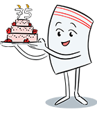 Mascotte Flexico tenant le gâteau des 75ans