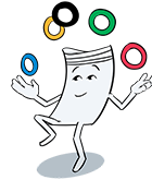 Mascotte Flexico jouant avec les anneaux des JO